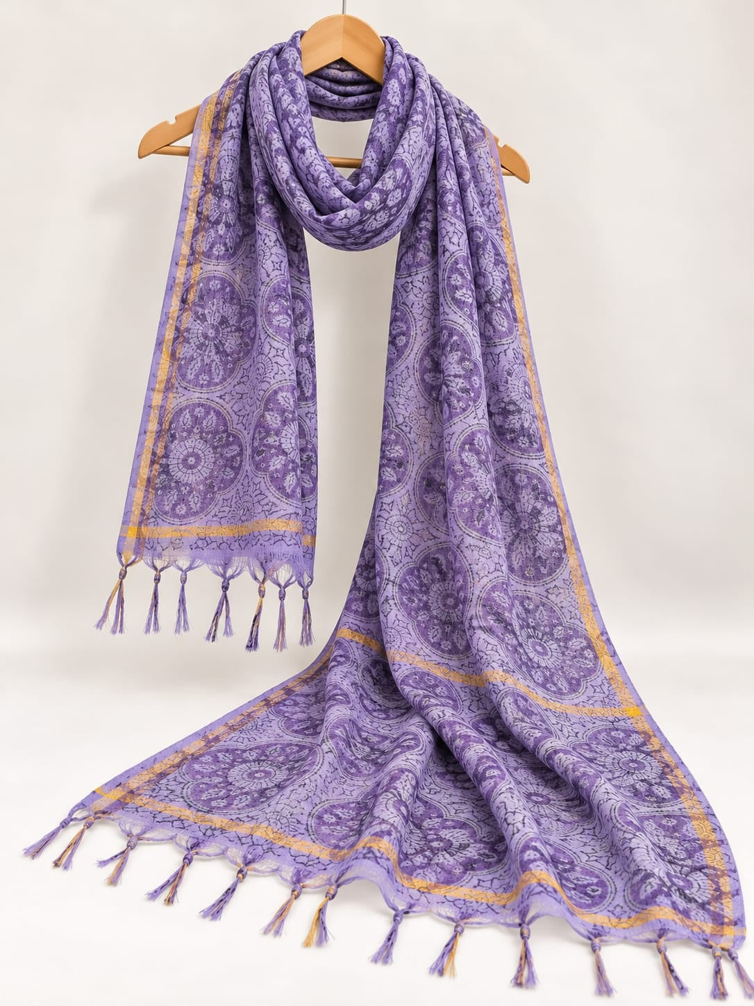 Lavender & Gold Geometric Mandala Block Print Kota Doriya Dupatta