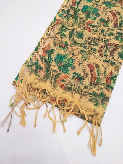 Mustard Yellow & Teal Blue Floral Jaal Hand Block Print Kota Doriya Dupatta Fabric & Border Detail