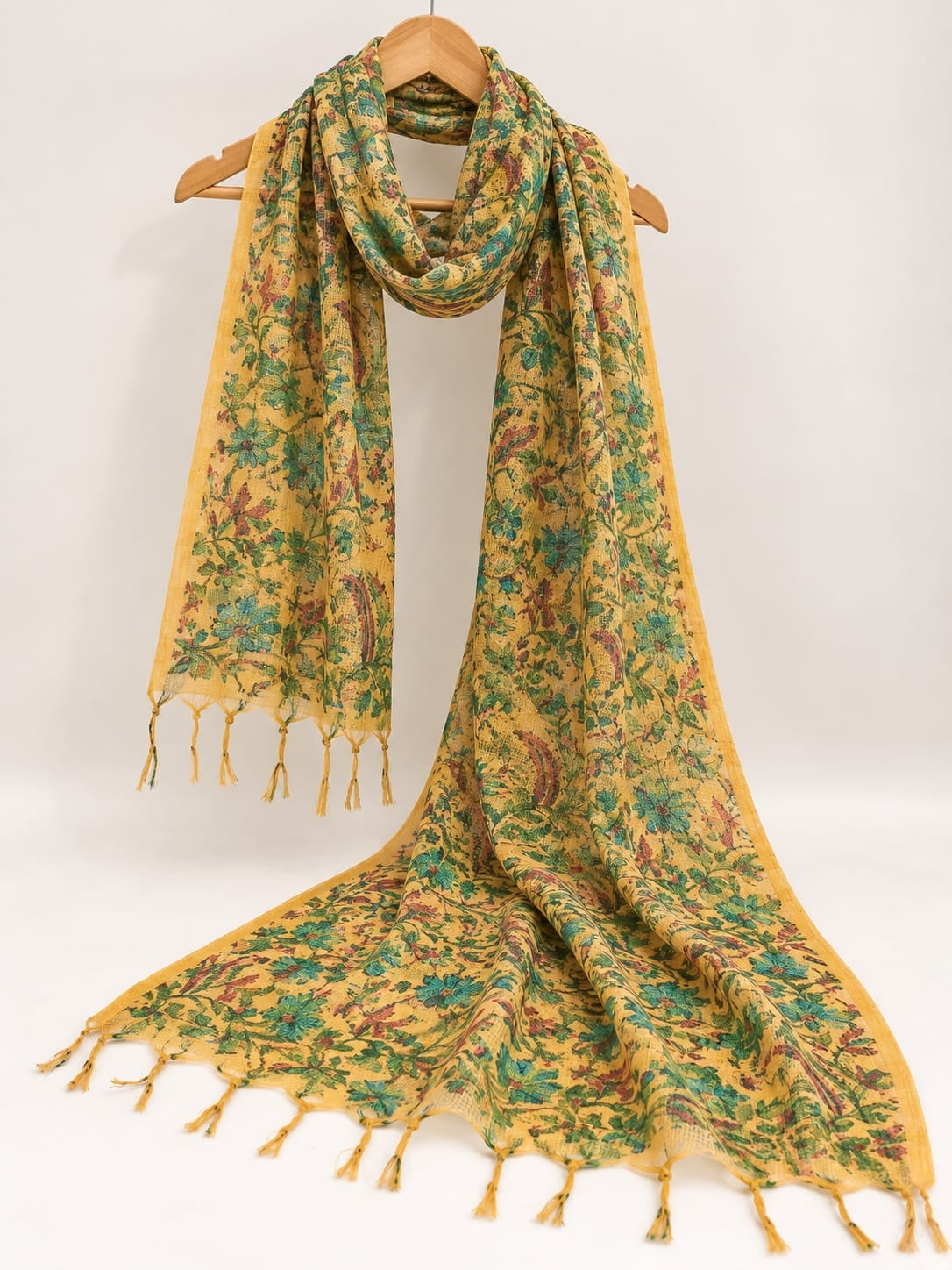 Mustard Yellow & Teal Blue Floral Jaal Block Print Kota Doriya Dupatta