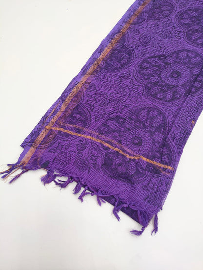Purple & Gold Geometric Mandala Hand Block Print Kota Doriya Dupatta Fabric & Border Detail