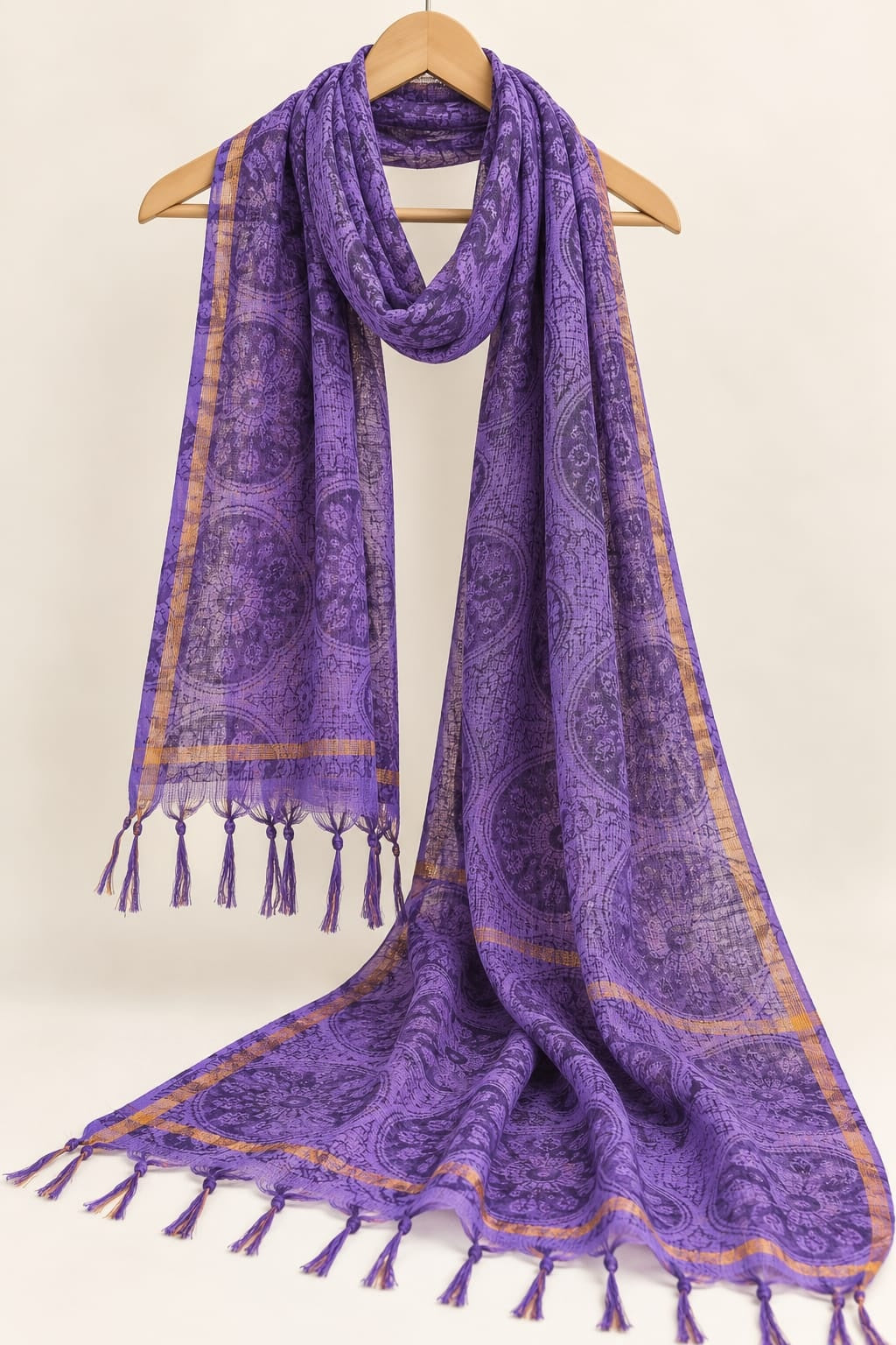 Purple & Gold Geometric Mandala Block Print Kota Doriya Dupatta