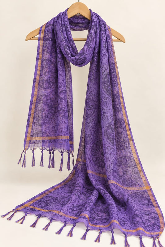 Purple & Gold Geometric Mandala Block Print Kota Doriya Dupatta