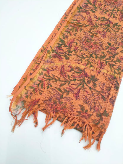 Peach & Green Floral Jaal Hand Block Print Kota Doriya Dupatta Fabric & Border Detail