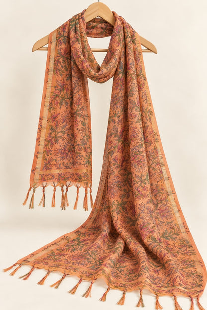 Peach & Green Floral Jaal Block Print Kota Doriya Dupatta