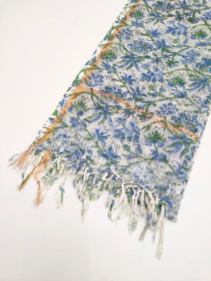 White & Blue Floral Jaal Hand Block Print Kota Doriya Dupatta Fabric & Border Detail