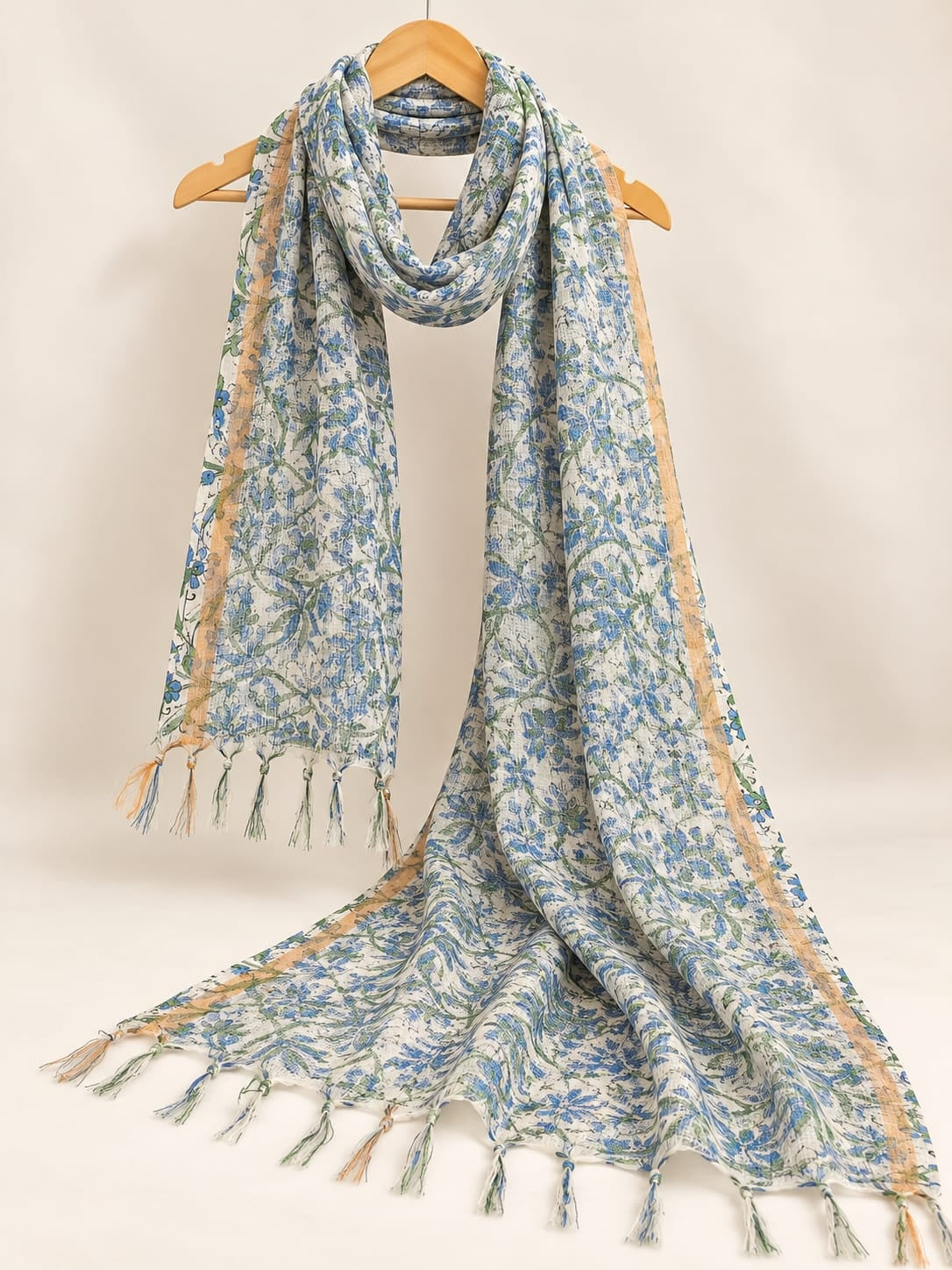 White & Blue Floral Jaal Block Print Kota Doriya Dupatta