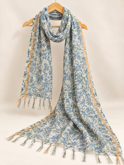 White & Blue Floral Jaal Block Print Kota Doriya Dupatta
