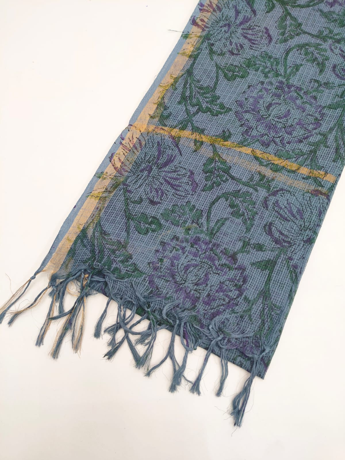 Blue & Purple Floral Jaal Hand Block Print Kota Doriya Dupatta Fabric & Border Detail