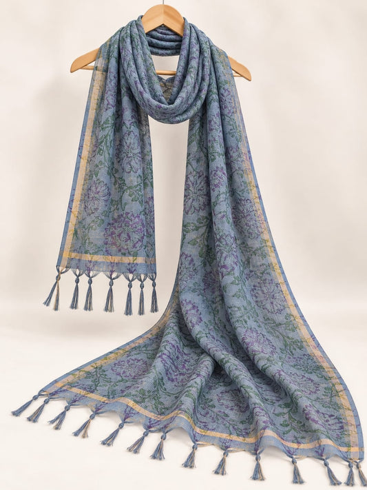 Blue & Purple Floral Jaal Block Print Kota Doriya Dupatta