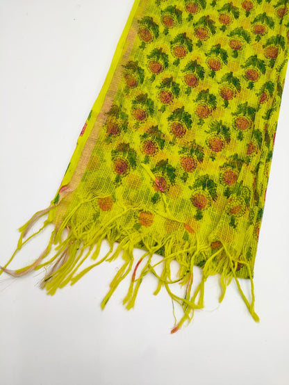 Lime Green & Pink Floral Booti Hand Block Print Kota Doriya Dupatta Fabric & Border Detail