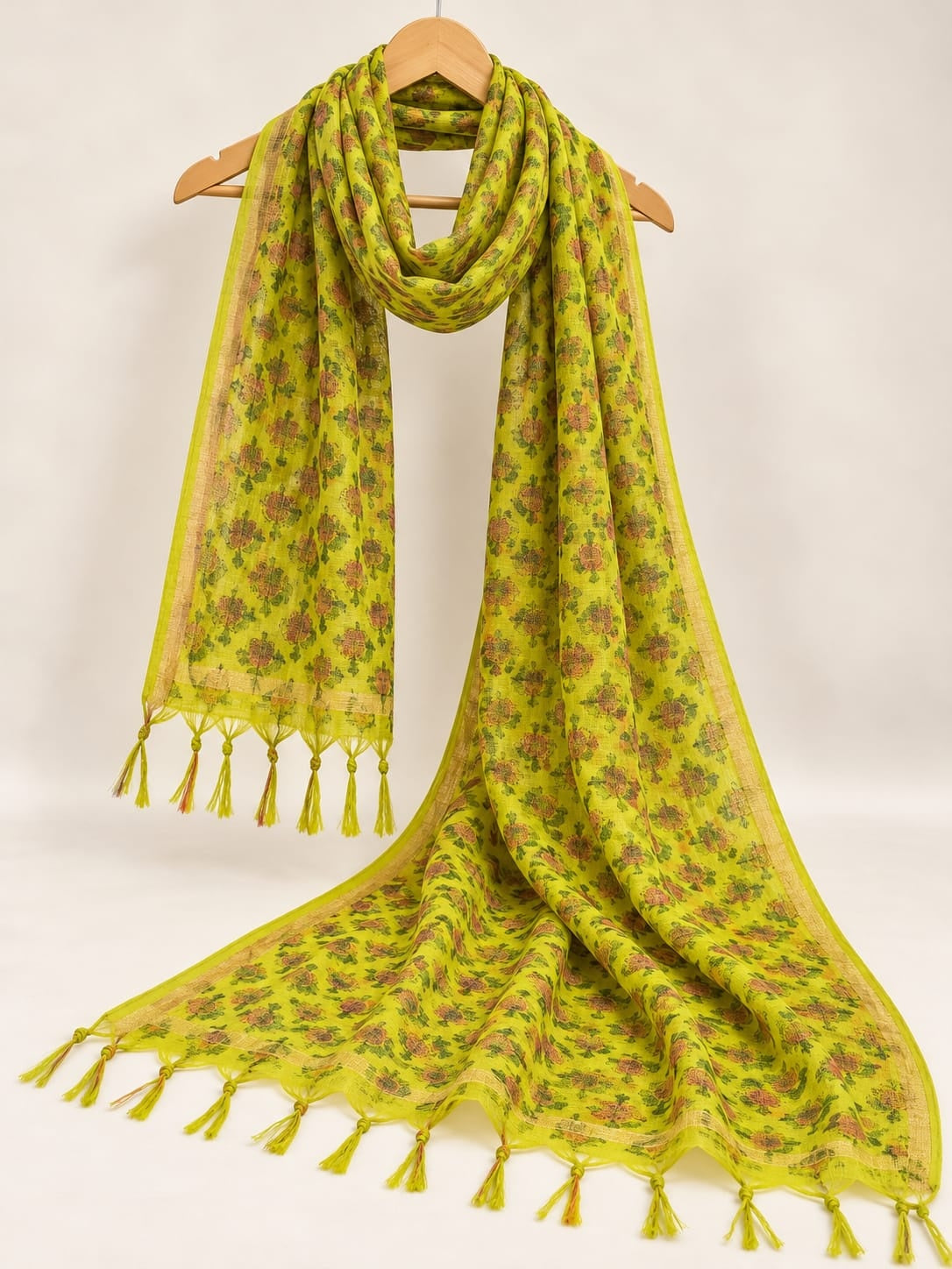 Lime Green & Pink Floral Booti Block Print Kota Doriya Dupatta