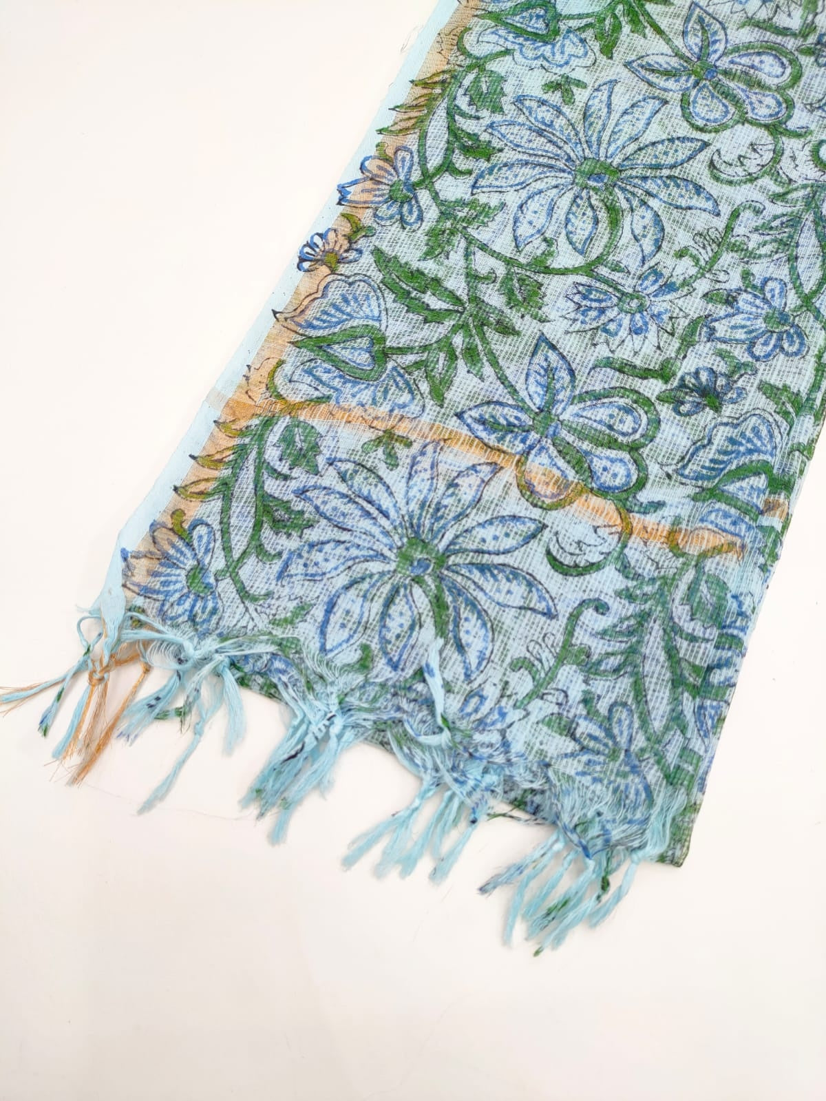 Blue & Green Floral Jaal Hand Block Print Kota Doriya Dupatta Fabric & Border Detail