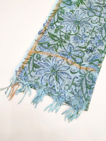 Blue & Green Floral Jaal Hand Block Print Kota Doriya Dupatta Fabric & Border Detail
