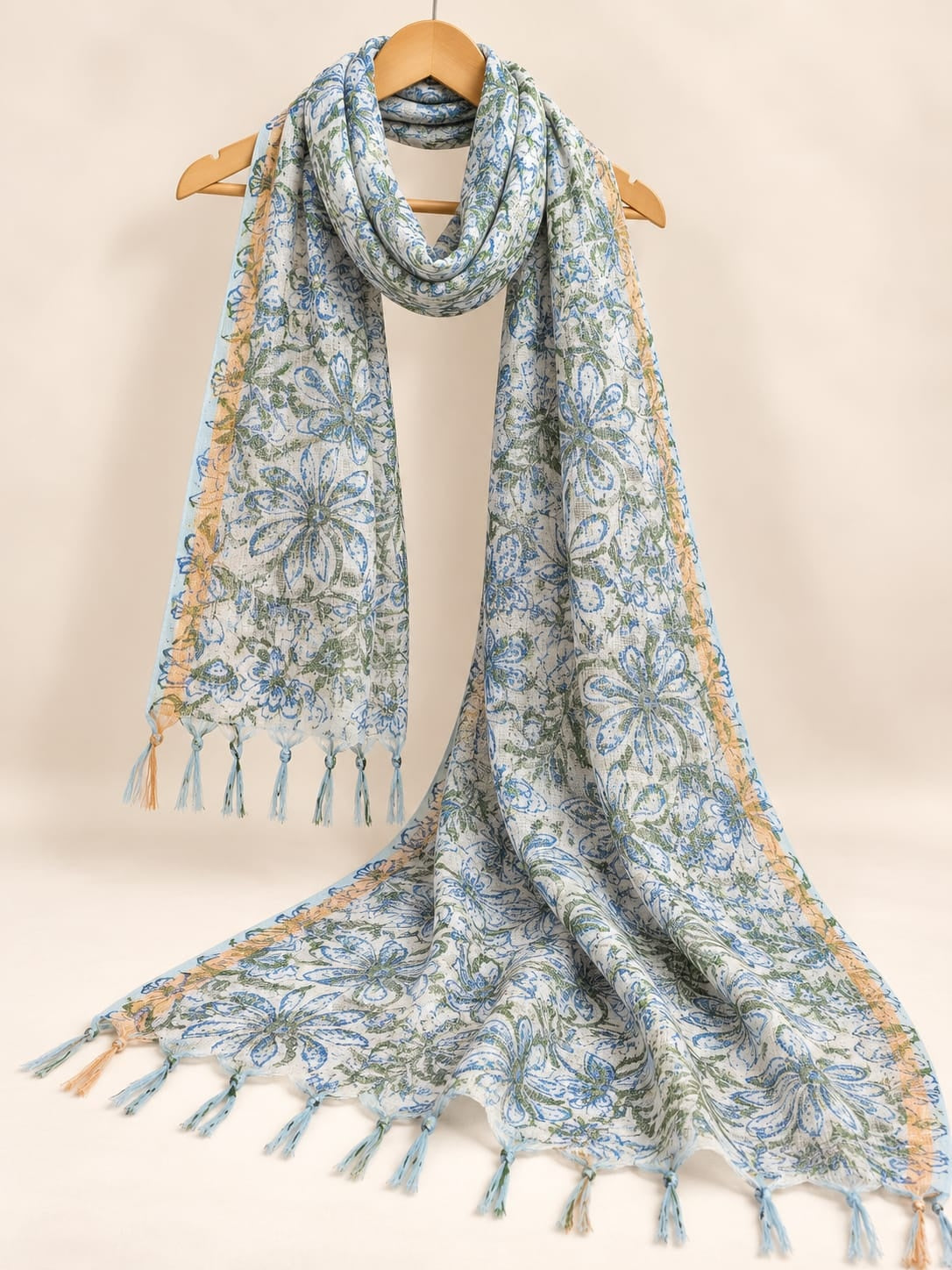 Blue & Green Floral Jaal Block Print Kota Doriya Dupatta