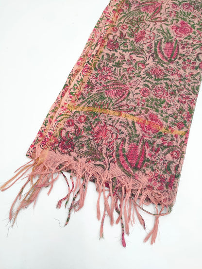 Pink & Green Floral Jaal Hand Block Print Kota Doriya Dupatta Fabric & Border Detail