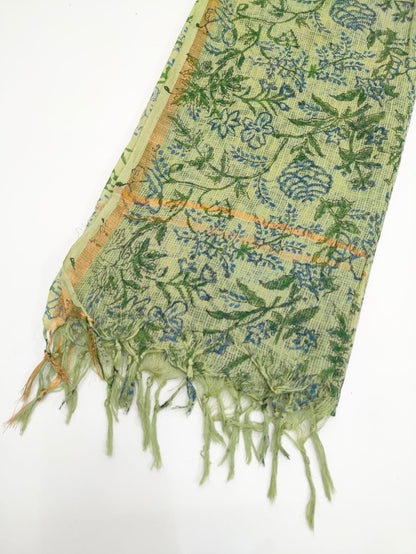 Sage Green & Blue Floral Jaal Hand Block Print Kota Doriya Dupatta Fabric & Border Detail