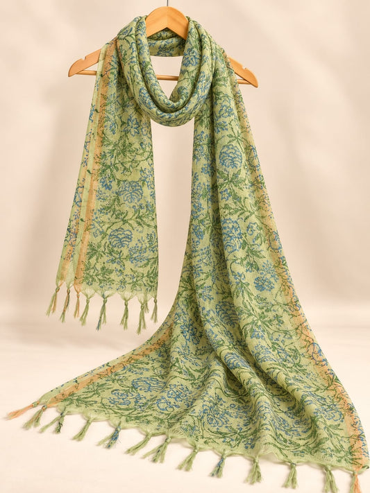 Sage Green & Blue Floral Jaal Block Print Kota Doriya Dupatta