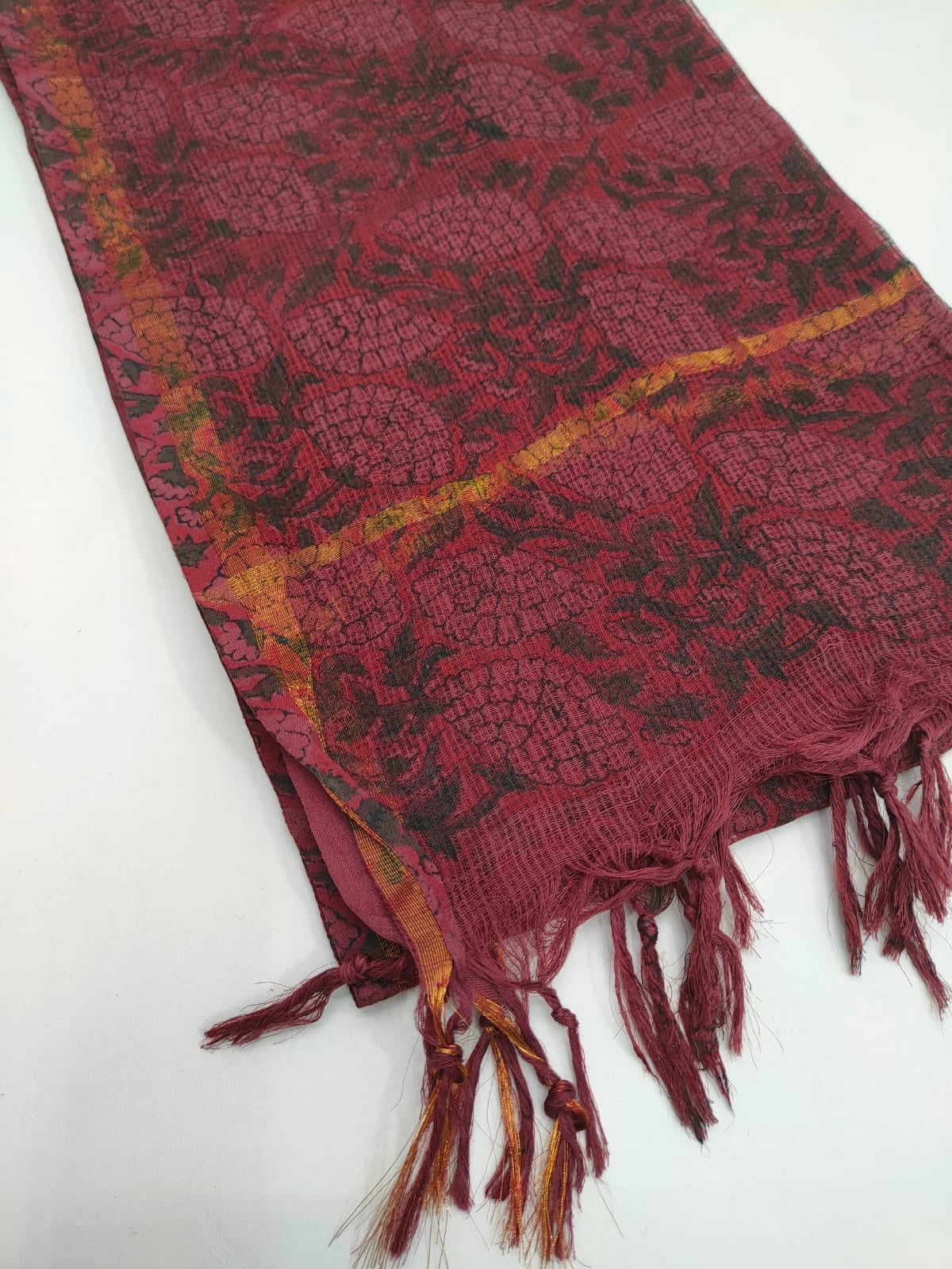 Maroon & Gold Floral Jaal Hand Block Print Kota Doriya Dupatta Fabric & Border Detail
