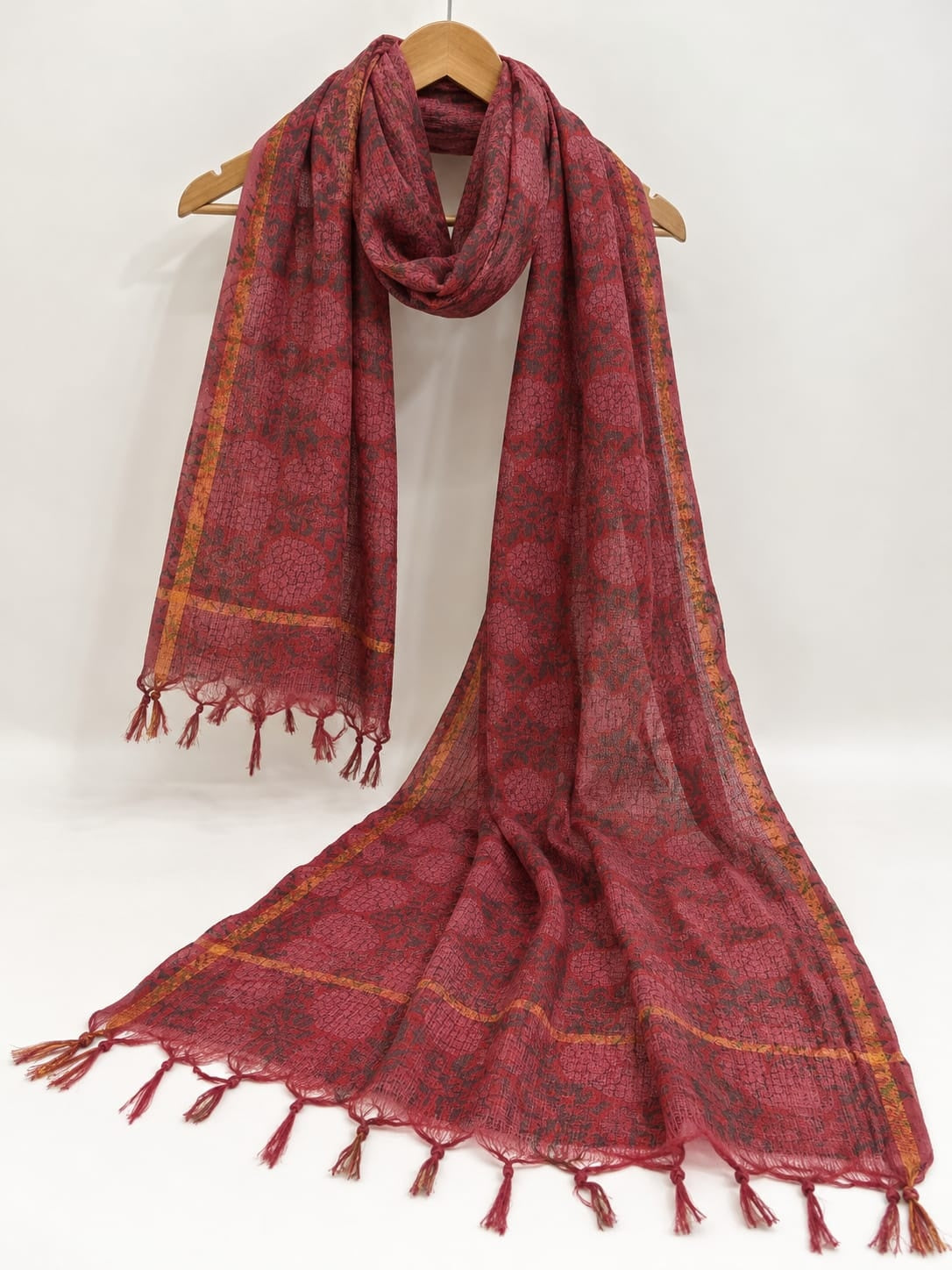 Maroon & Gold Floral Jaal Block Print Kota Doriya Dupatta
