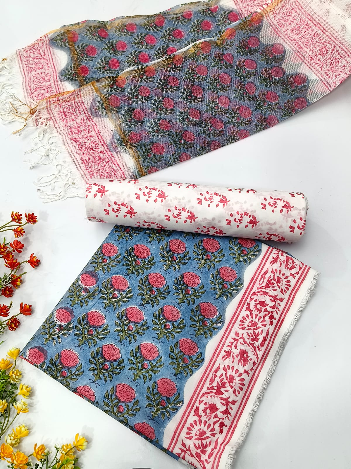 Hand Block Cotton Salwar Suit Set with Kota Doriya Dupatta  - TSPSKDVJ4