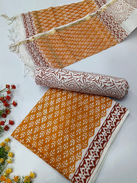 Hand Block Cotton Salwar Suit Set with Kota Doriya Dupatta  - TSPSKDVJ5