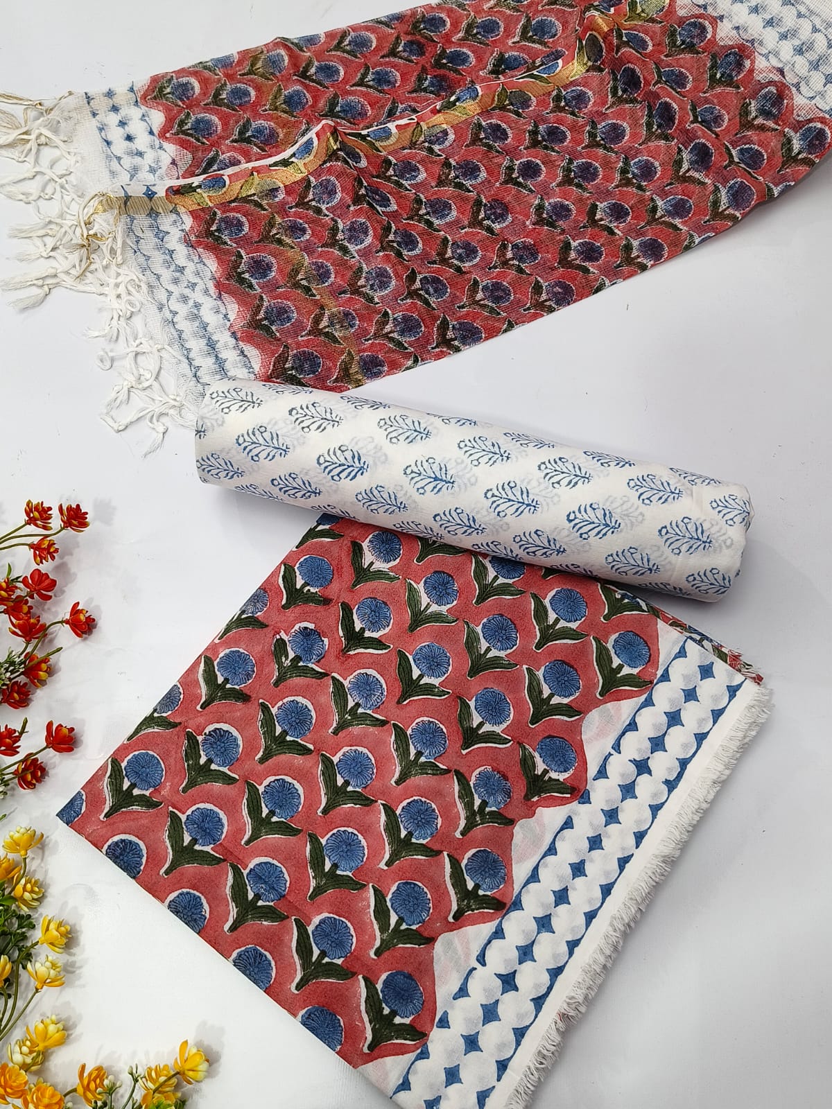 Hand Block Cotton Salwar Suit Set with Kota Doriya Dupatta  - TSPSKDVJ6