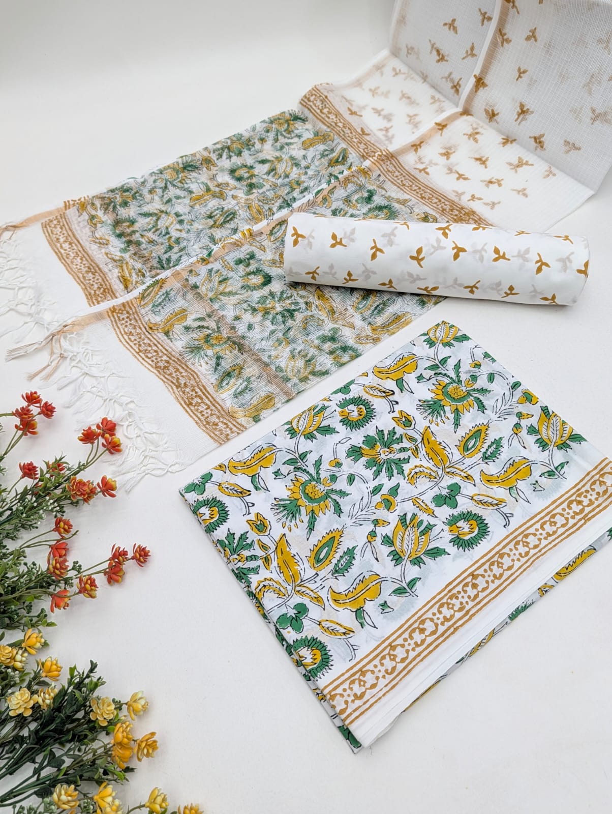 Hand Block Cotton Salwar Suit Set with Kota Doriya Dupatta