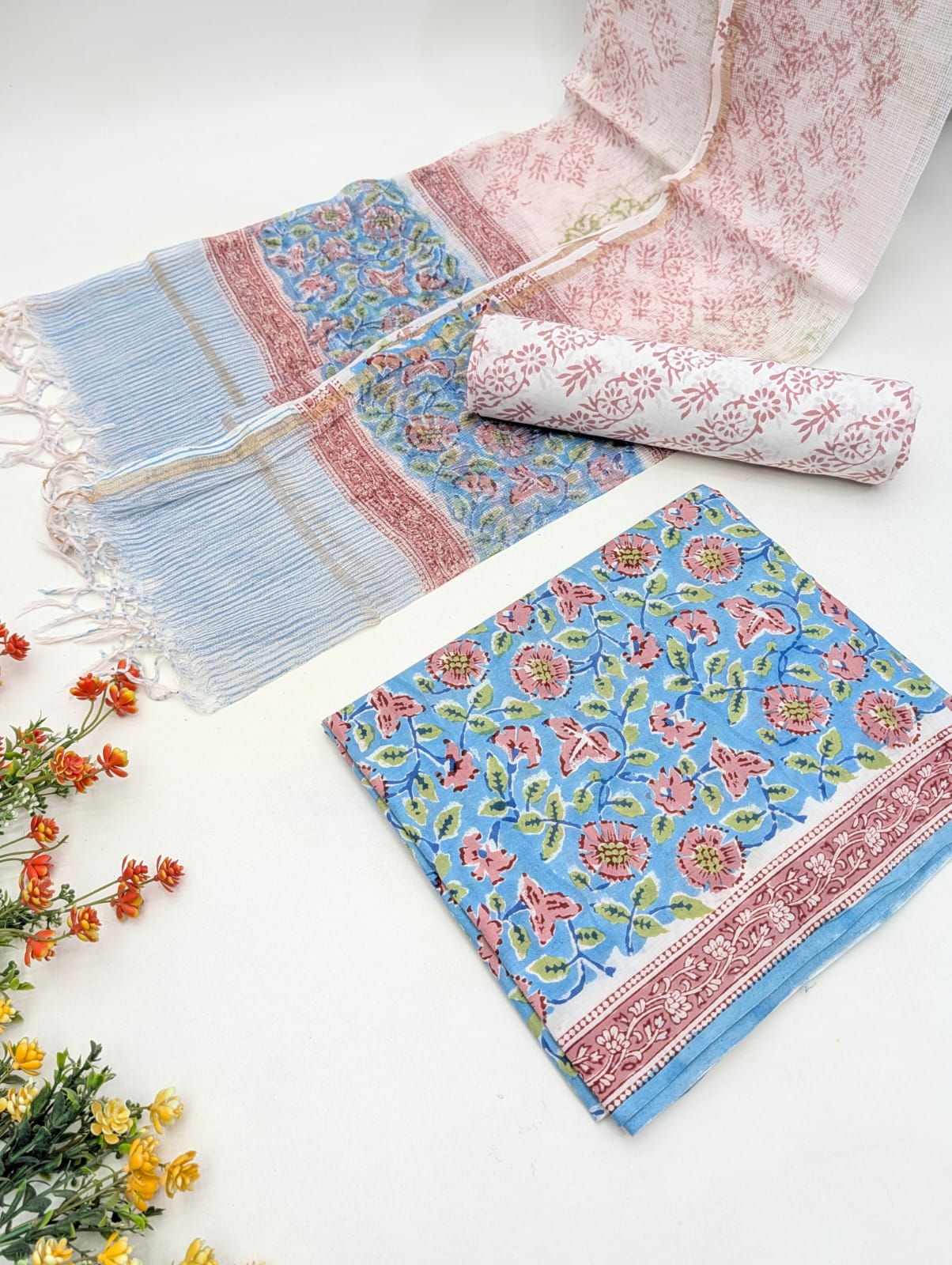 Hand Block Cotton Salwar Suit Set with Kota Doriya Dupatta