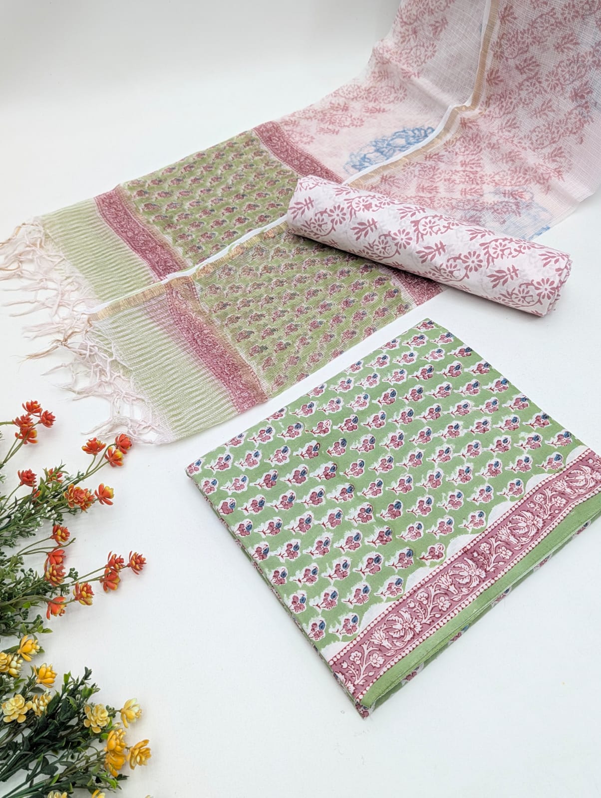 Hand Block Cotton Salwar Suit Set with Kota Doriya Dupatta