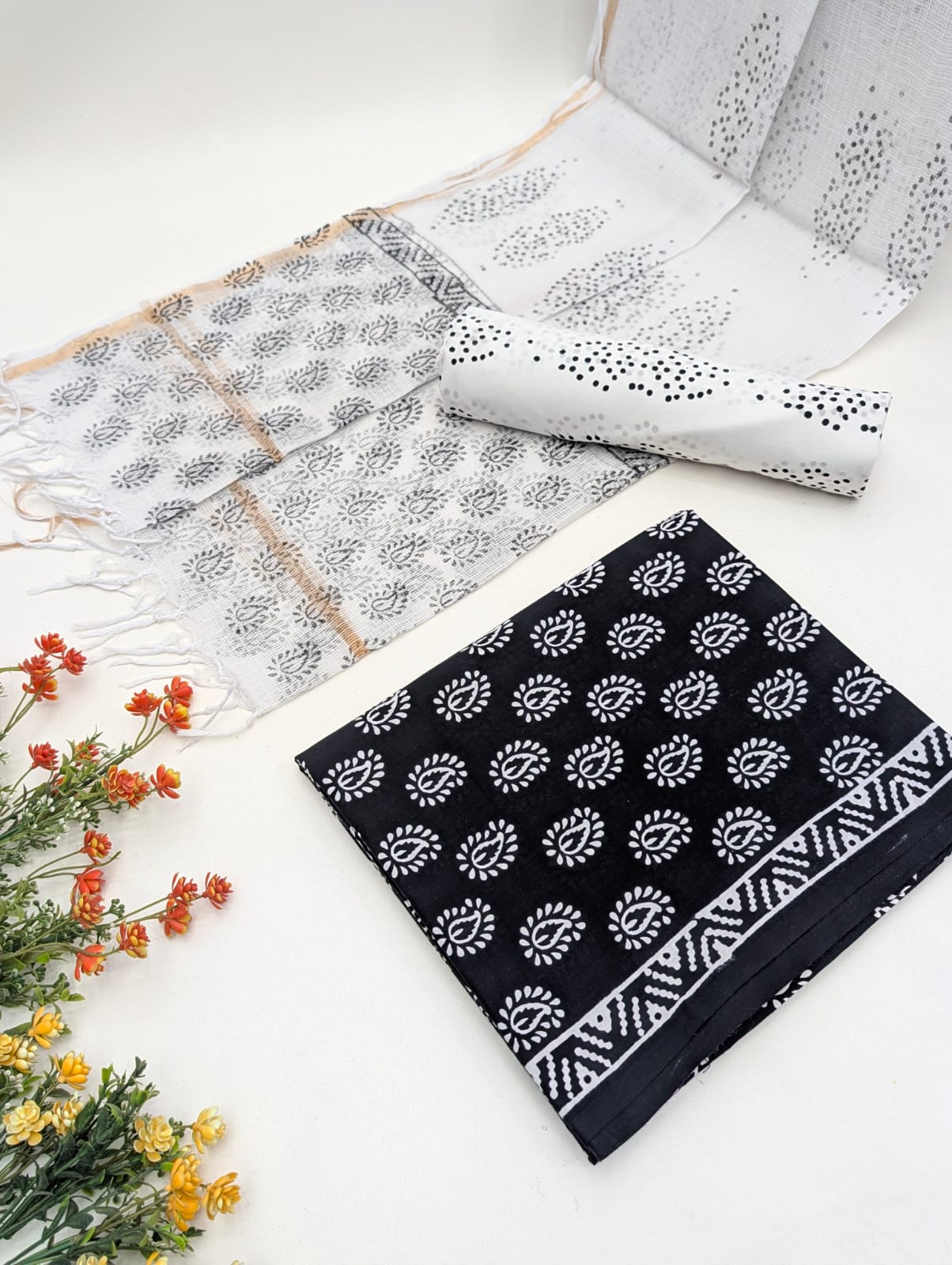 Hand Block Cotton Salwar Suit Set with Kota Doriya Dupatta