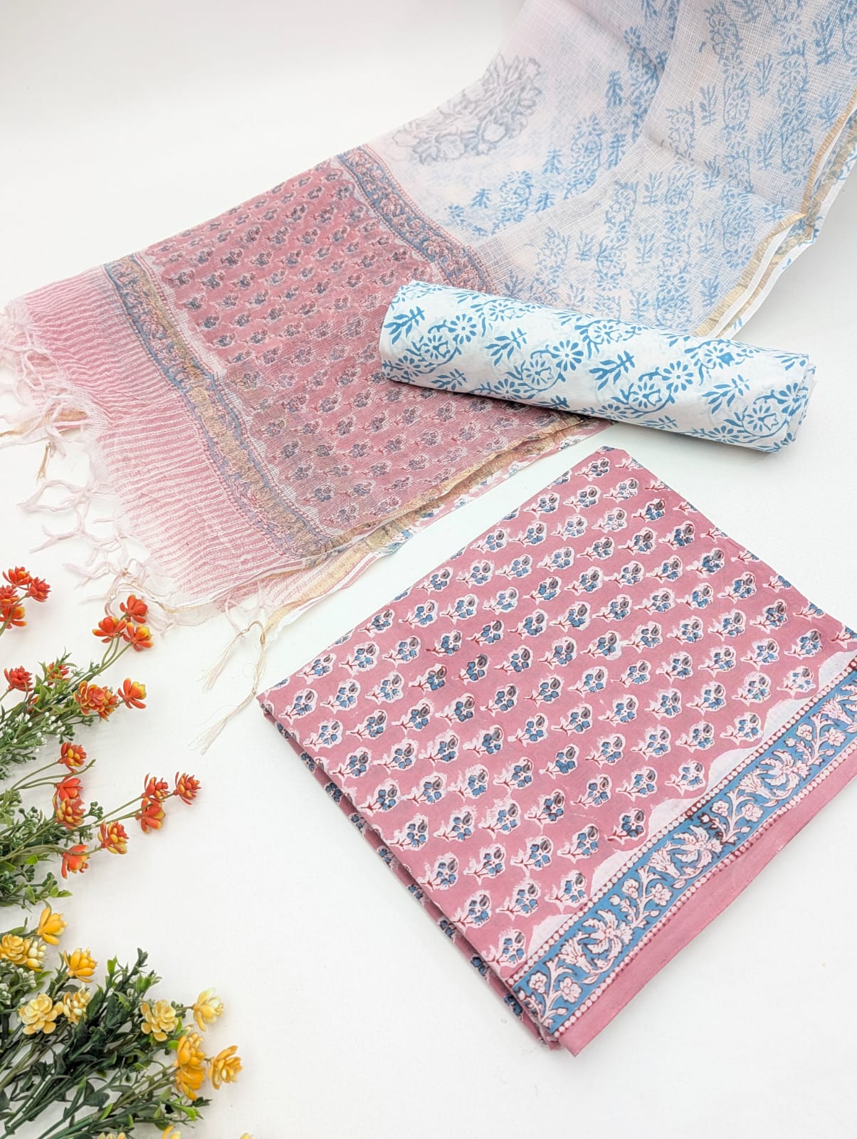 Hand Block Cotton Salwar Suit Set with Kota Doriya Dupatta