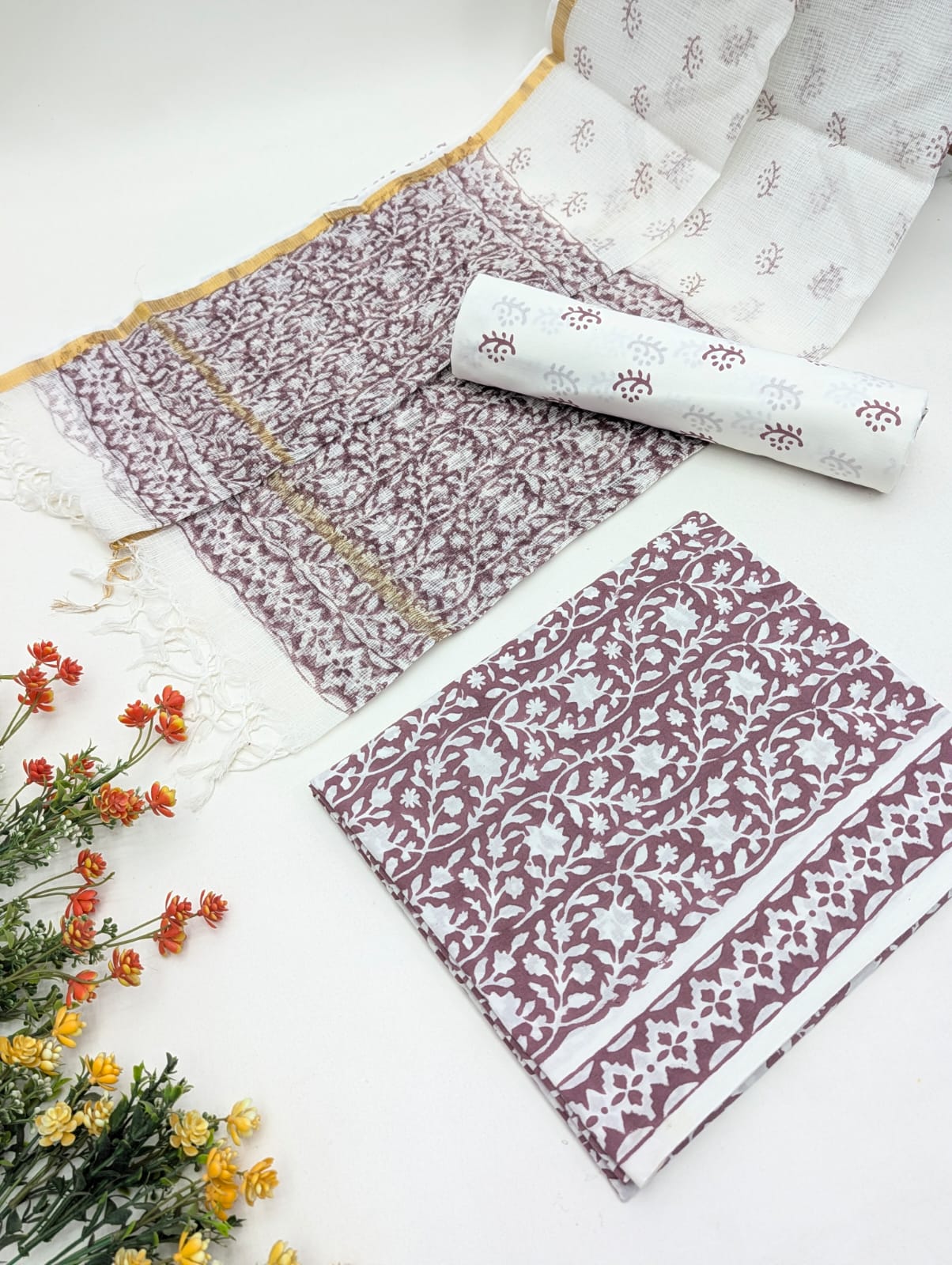 Hand Block Cotton Salwar Suit Set with Kota Doriya Dupatta