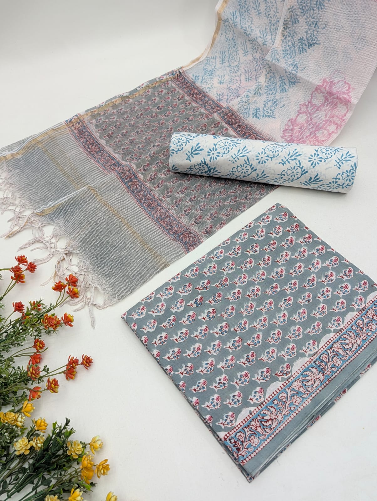 Hand Block Cotton Salwar Suit Set with Kota Doriya Dupatta