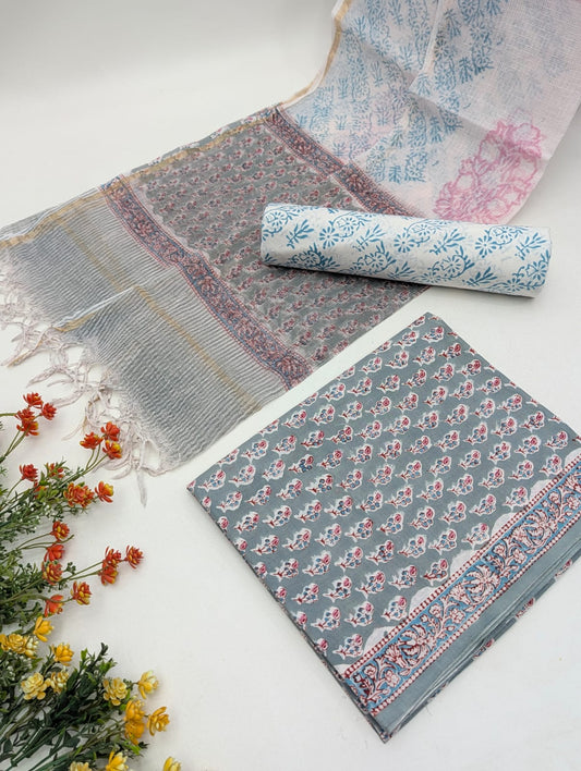 Hand Block Cotton Salwar Suit Set with Kota Doriya Dupatta