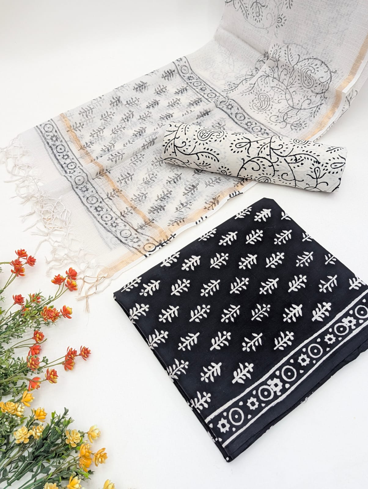 Hand Block Cotton Salwar Suit Set with Kota Doriya Dupatta