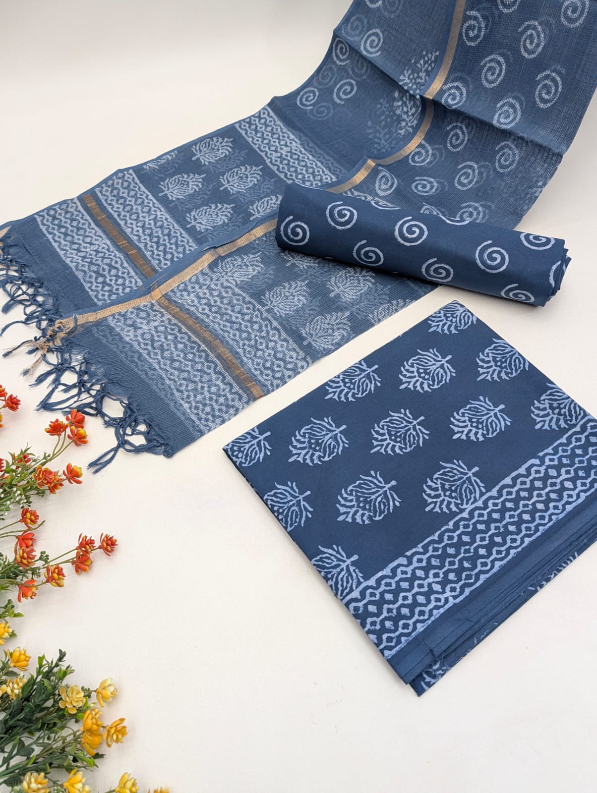 Hand Block Cotton Salwar Suit Set with Kota Doriya Dupatta