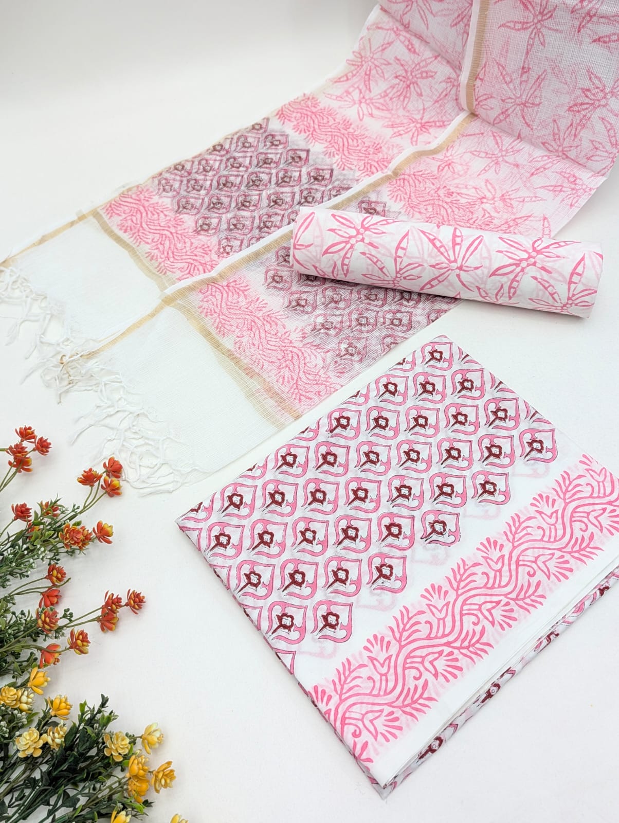 Hand Block Cotton Salwar Suit Set with Kota Doriya Dupatta