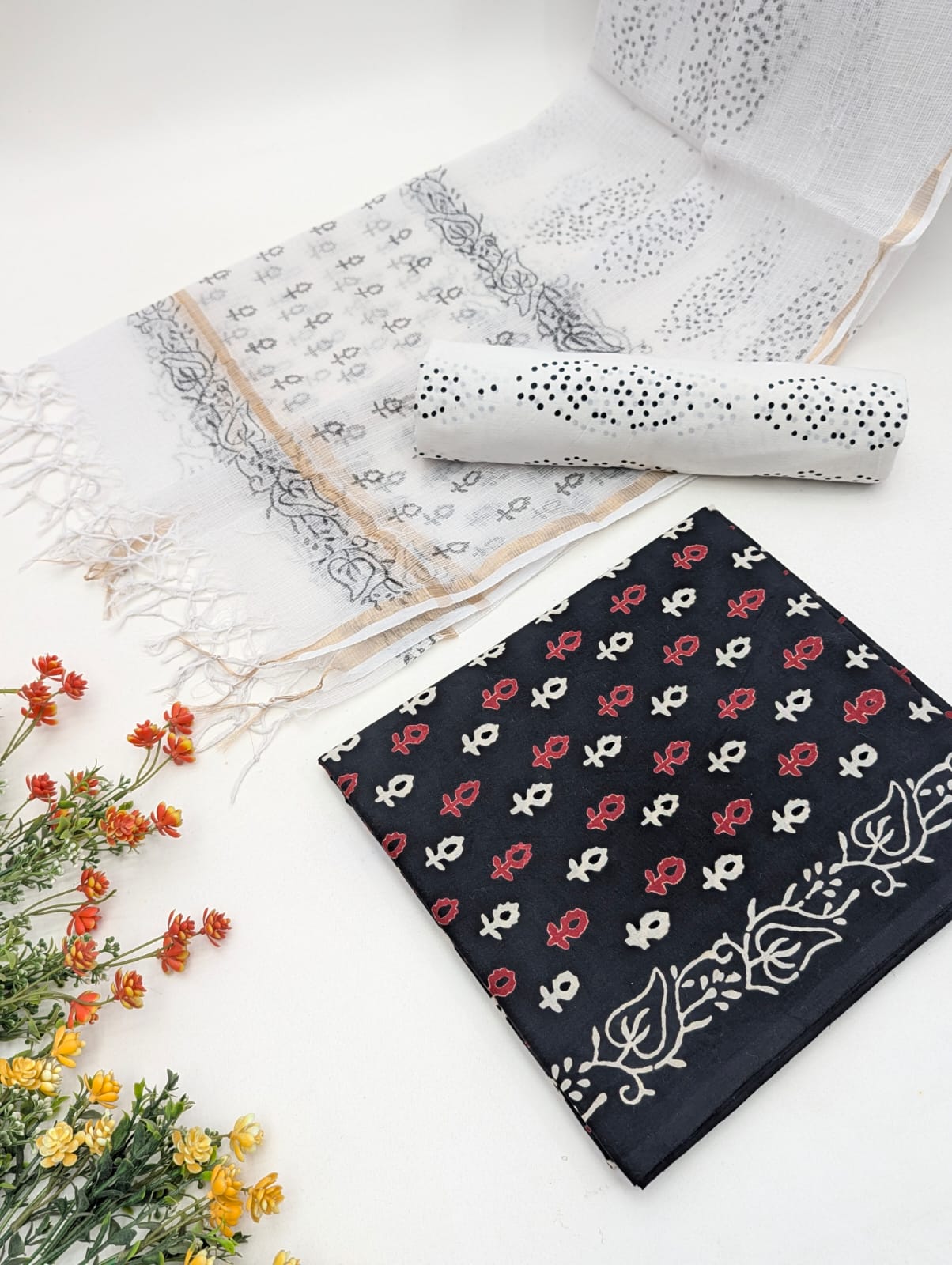 Hand Block Cotton Salwar Suit Set with Kota Doriya Dupatta