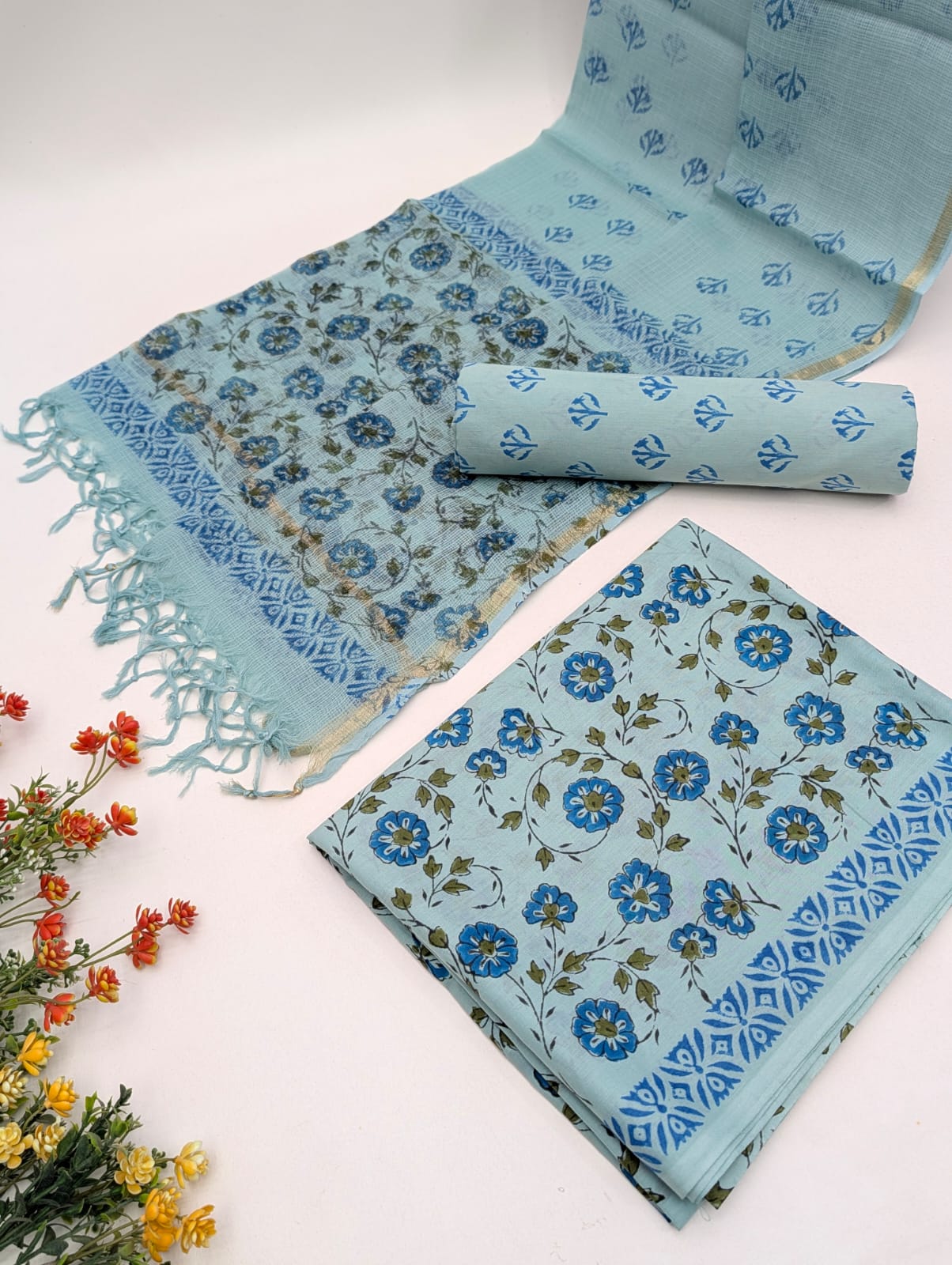 Hand Block Cotton Salwar Suit Set with Kota Doriya Dupatta