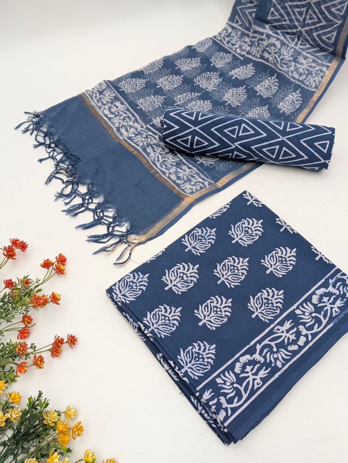 Hand Block Cotton Salwar Suit Set with Kota Doriya Dupatta