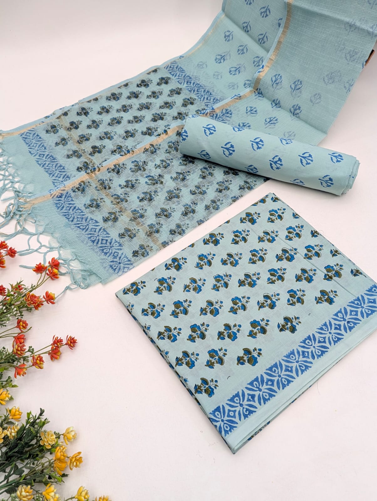 Hand Block Cotton Salwar Suit Set with Kota Doriya Dupatta