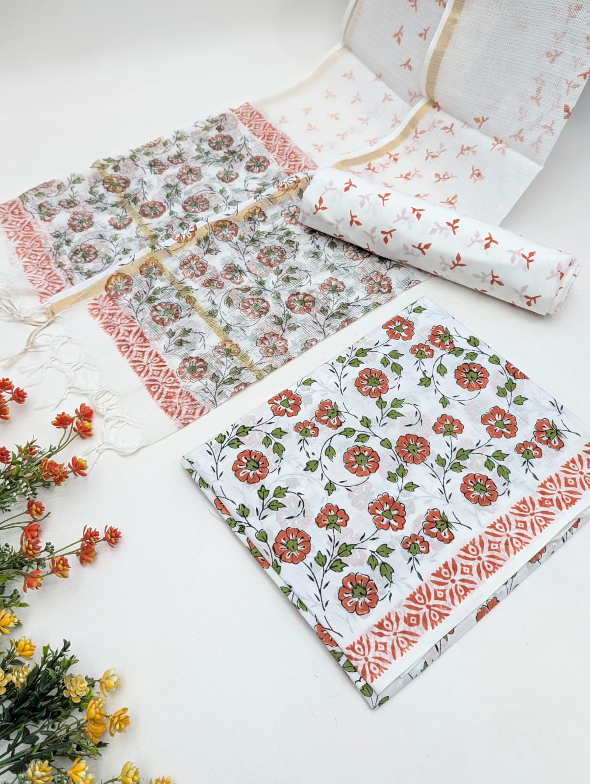 Hand Block Cotton Salwar Suit Set with Kota Doriya Dupatta