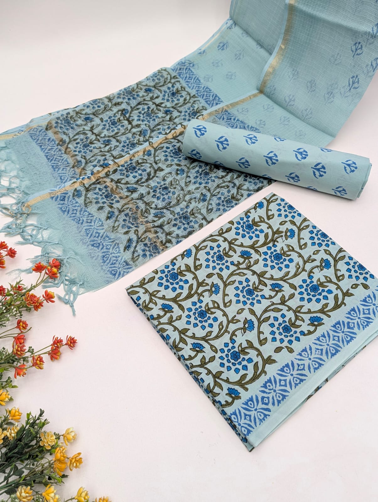 Hand Block Cotton Salwar Suit Set with Kota Doriya Dupatta