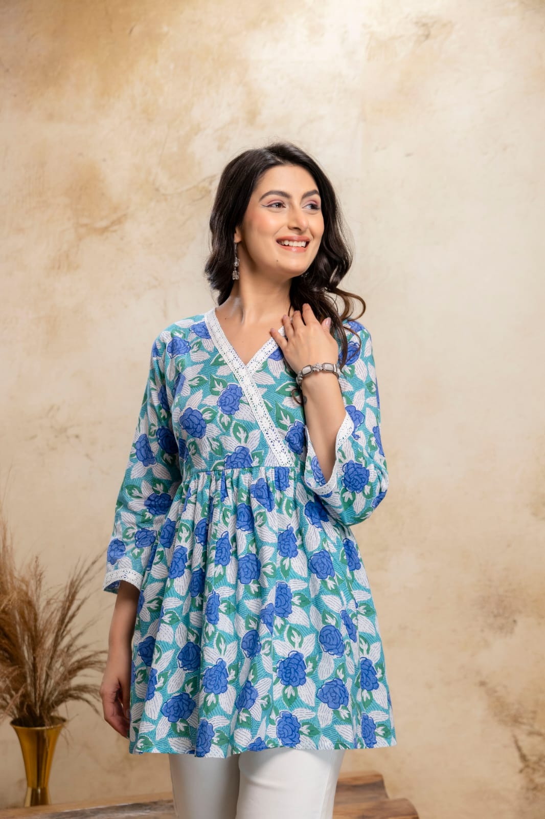 Teal Blue Floral Cotton Short Kurti – V Neck Lace Detail