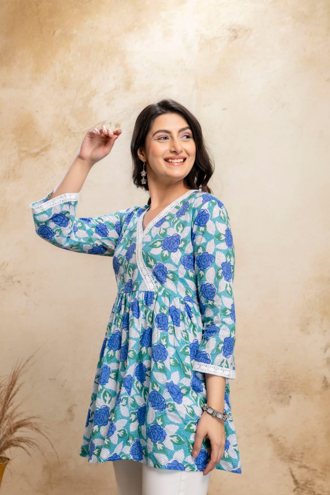 Teal Blue Floral Cotton Short Kurti – V Neck Lace Detail