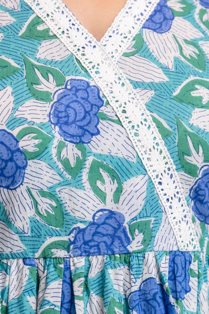 Teal Blue Floral Cotton Short Kurti – V Neck Lace Detail