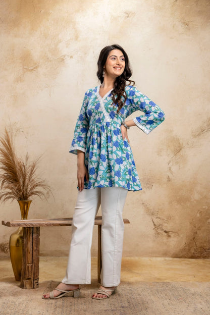 Teal Blue Floral Cotton Short Kurti – V Neck Lace Detail