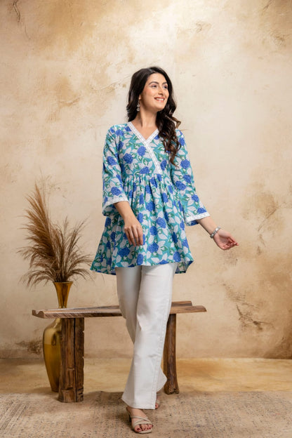 Teal Blue Floral Cotton Short Kurti – V Neck Lace Detail