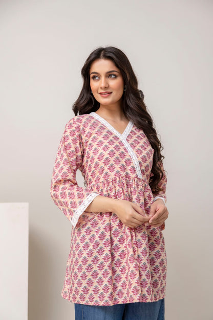 Beige Pink Floral Cotton Short Kurti – V Neck Lace Detail
