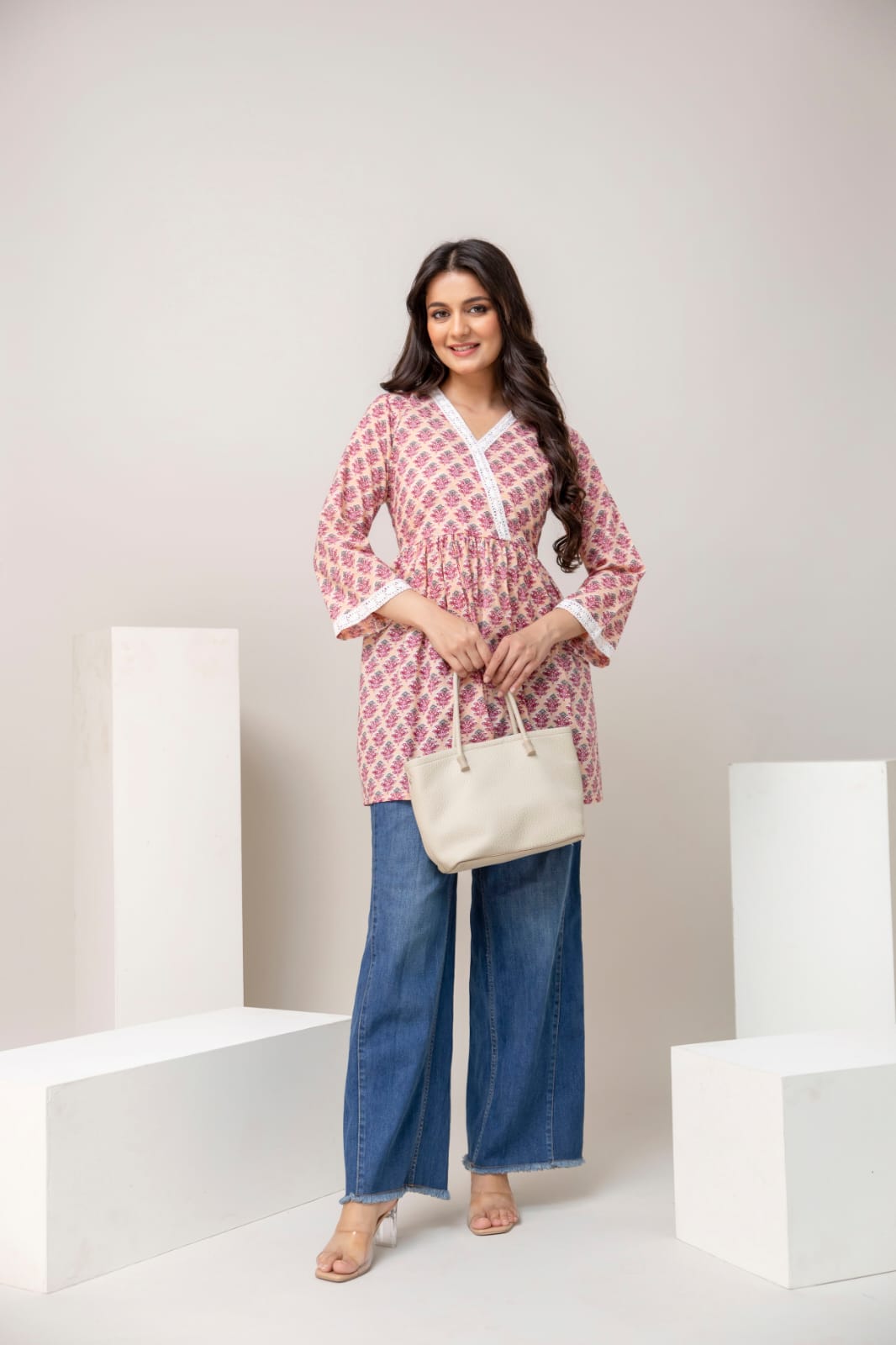 Beige Pink Floral Cotton Short Kurti – V Neck Lace Detail